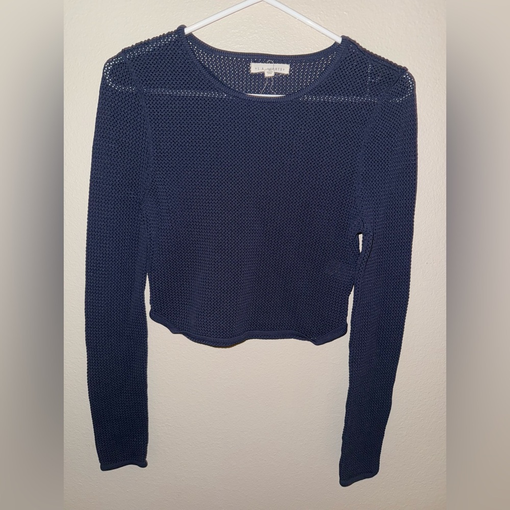 LA HEARTS Navy Blue Textured Long Sleeve Cropped‎ Top size Medium